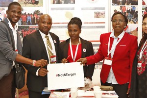 Antalya Turkey,November 10,2017 Red Cross Red Crescent Statutory Meetings,The Members of  Tanzania Red Cross Society with"notararget" signboard are in exhibition area.